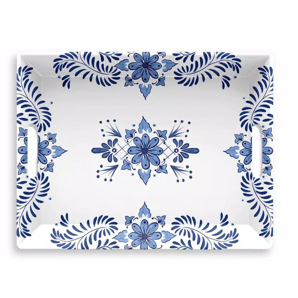 Unbranded Cobalt Casita Melamine Handled Serve Tray, Blue and White Mexican-Inspired Pattern