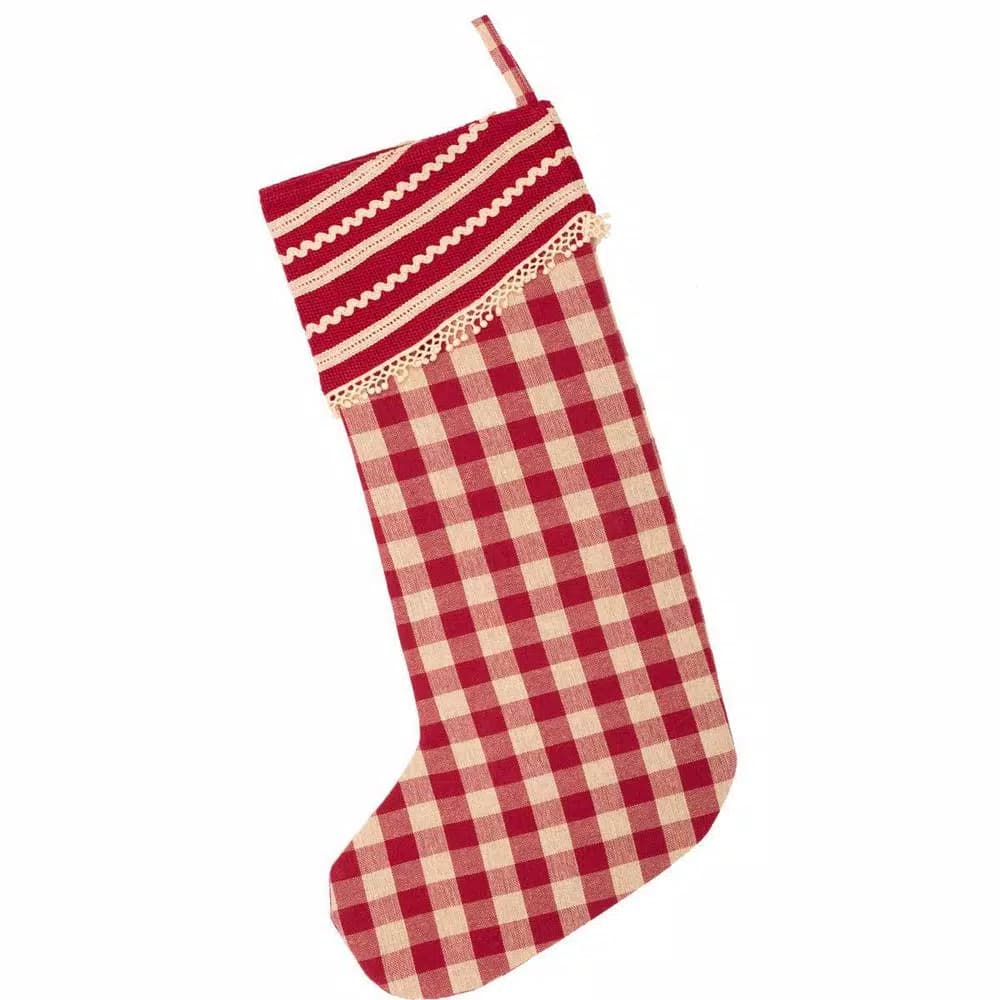 VHC Brands 20 in. Gretchen Cherry Red and Cream Check Cotton Farmhouse Christmas Stocking