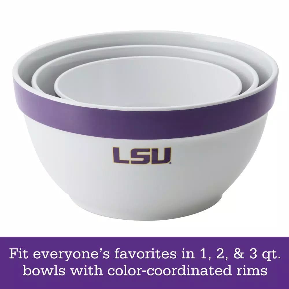 College Kitchen Collection LSU Tigers 3-Piece Nesting Party Bowl Set, Purple Melamine Serving Bowls
