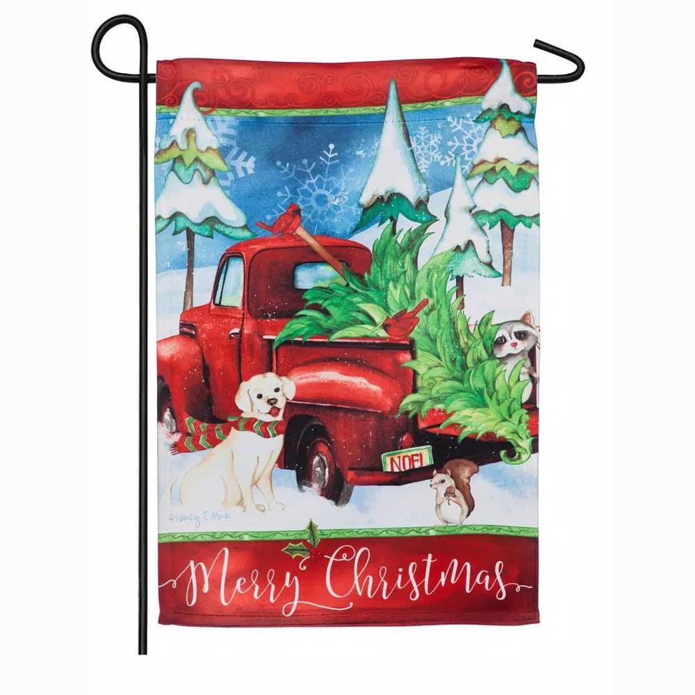Evergreen Bringing Home the Tree Garden Suede Flag, 18 x 12.5 in. Christmas Holiday Decor