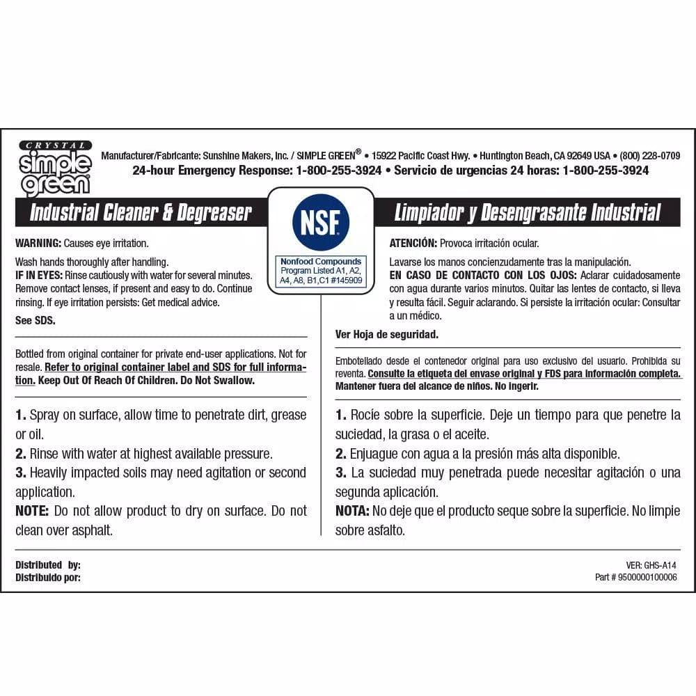 Simple Green Crystal Simple Green Industrial Cleaner and Degreaser Secondary Labels, Bilingual, 10-Pack