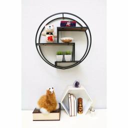 Admired By Nature 23 in. Black Round 3-Tier Iron and Wood Wall-Mounted Floating Shelves thumbnail 1
