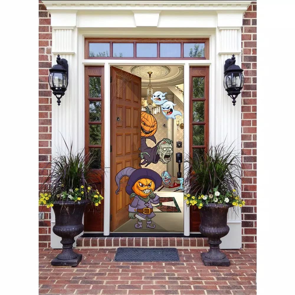 My Door Decor 36 in. x 80 in. Halloween Pumpkin Heads Front Door Banner Mural Sign