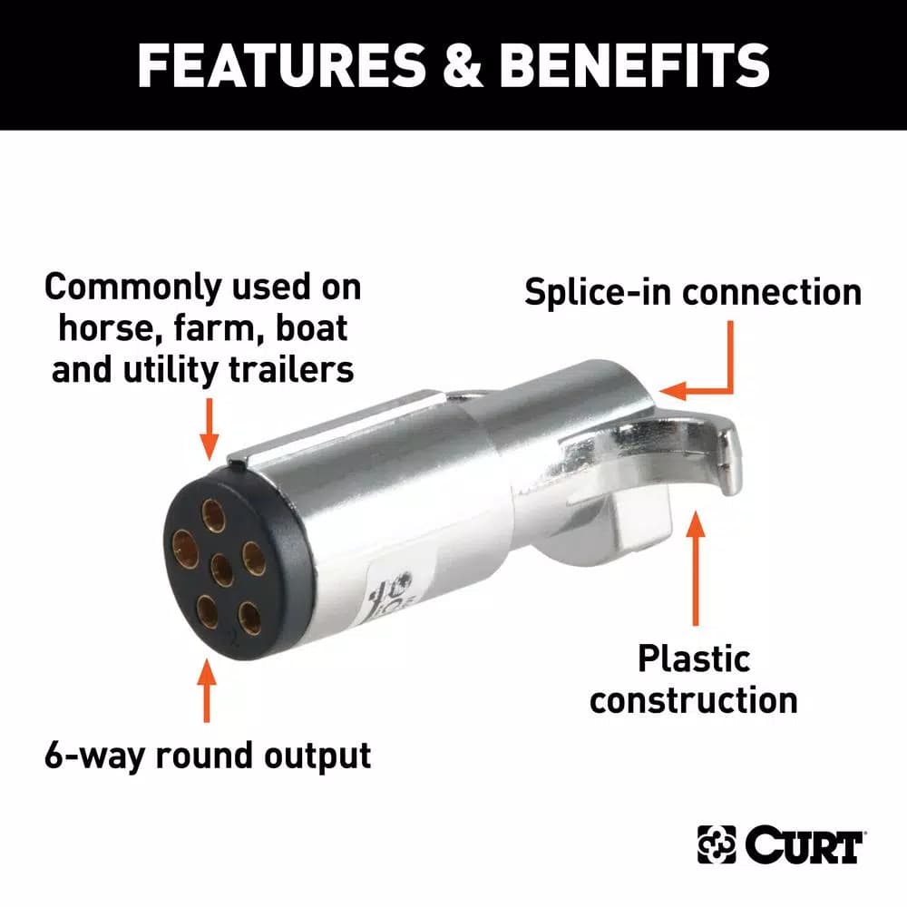 CURT 6-Way Round Trailer Connector Plug, Chrome Plastic, Male End