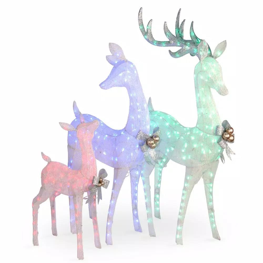 National Tree Company Glittered Deer Family of 3 Holiday Yard Decoration, 60 in., 52 in., and 35 in. with 340 Multi-Color LED Lights