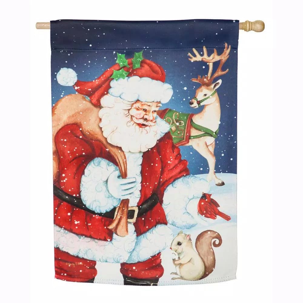 Evergreen Santa and Friends House Suede Flag, 28 in. x 44 in. Double-Sided Christmas Flag