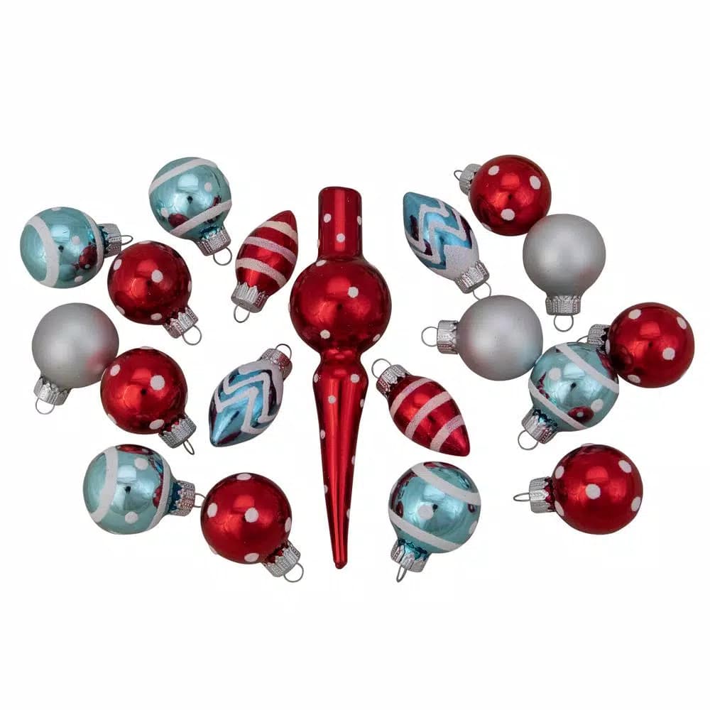 Northlight 19-Piece Red, Baby Blue, and Silver Glass Christmas Ornament and Tree Topper Set