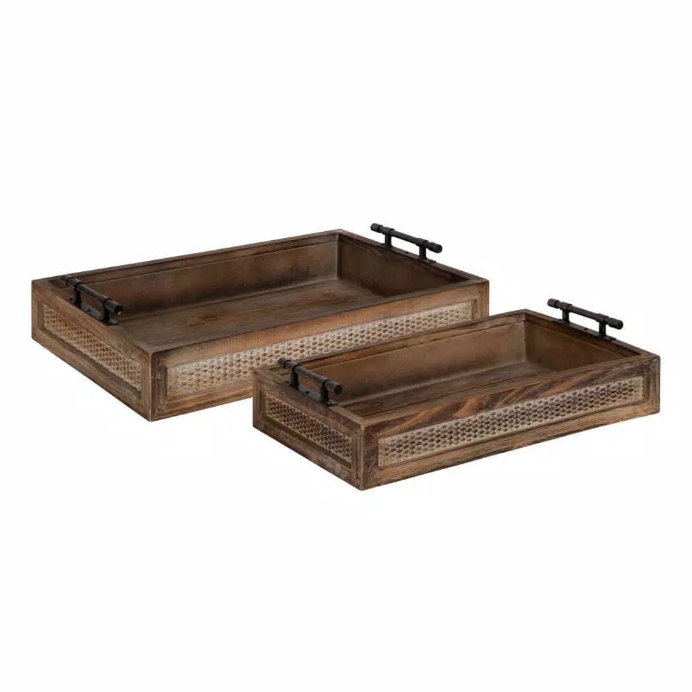 Kate and Laurel Bayport Brown Decorative Nested Wooden Tray Set of 2 - Farmhouse Style