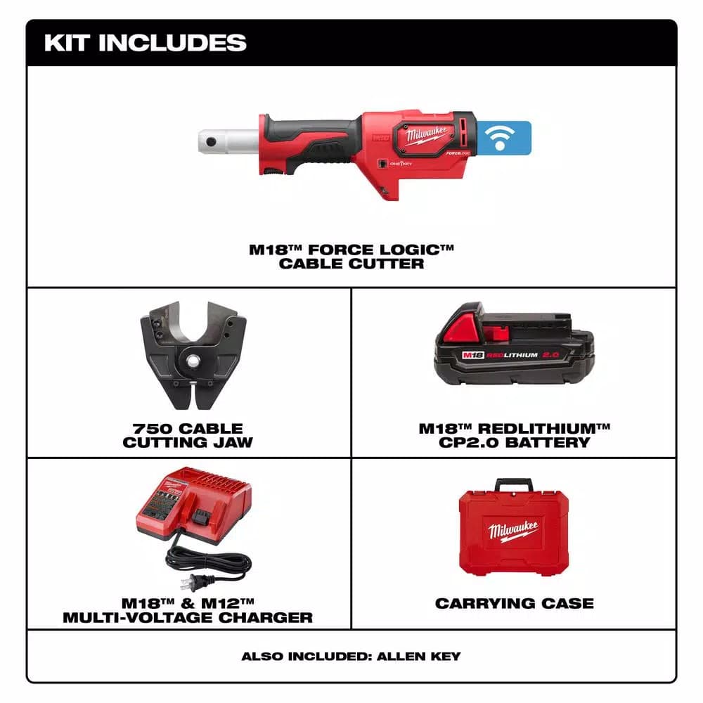 Milwaukee M18 FORCE LOGIC Cordless Cable Cutter Kit with 750 MCM Jaws, 2.0 Ah Battery & Charger