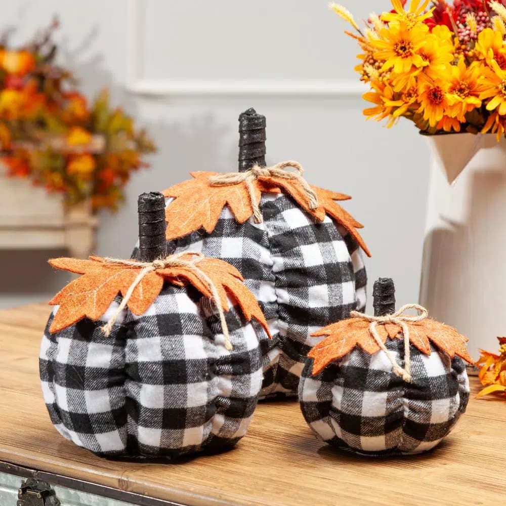 Gerson Black and White Plaid Fabric Pumpkin Set of 3 - Farmhouse Harvest Decor