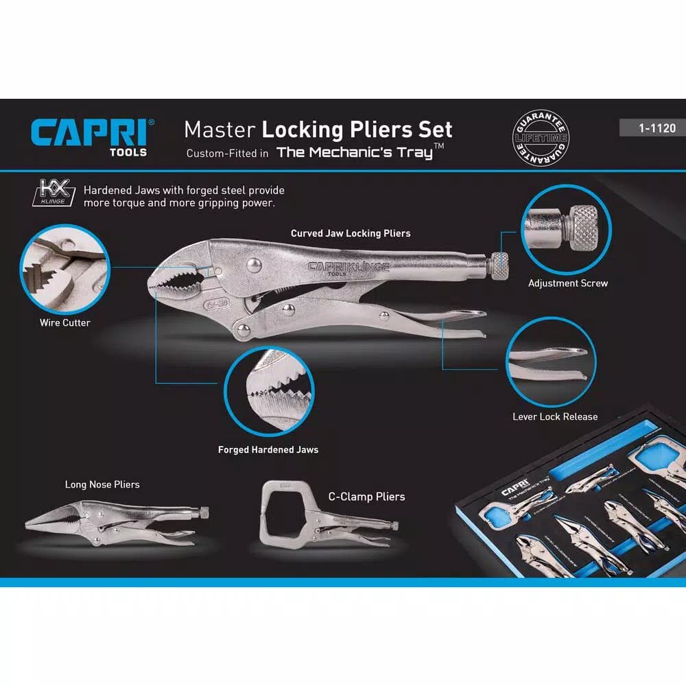 Capri Tools Klinge 7-Piece Locking Pliers Set with Capri Tools Mechanic's Tray