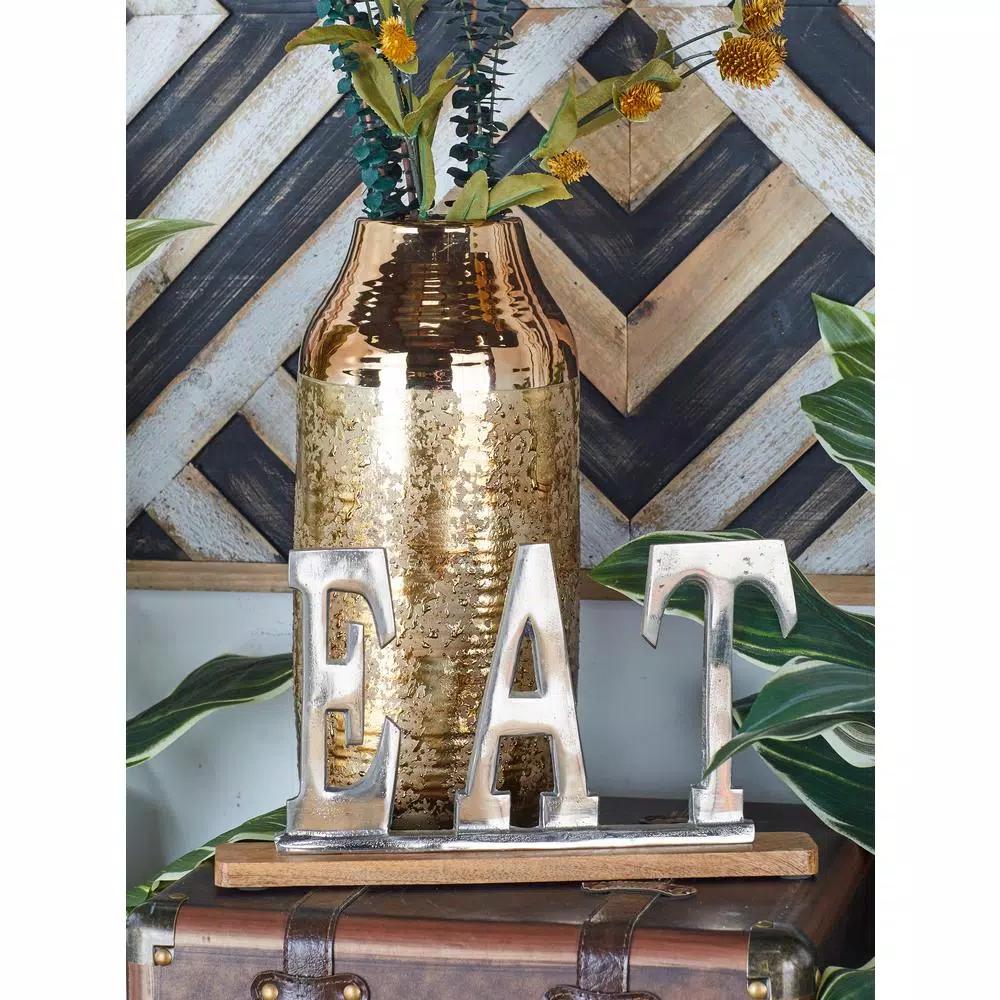 LITTON LANE 14 in. Silver Aluminum and Oak Brown Mango Wood EAT Standing Sign
