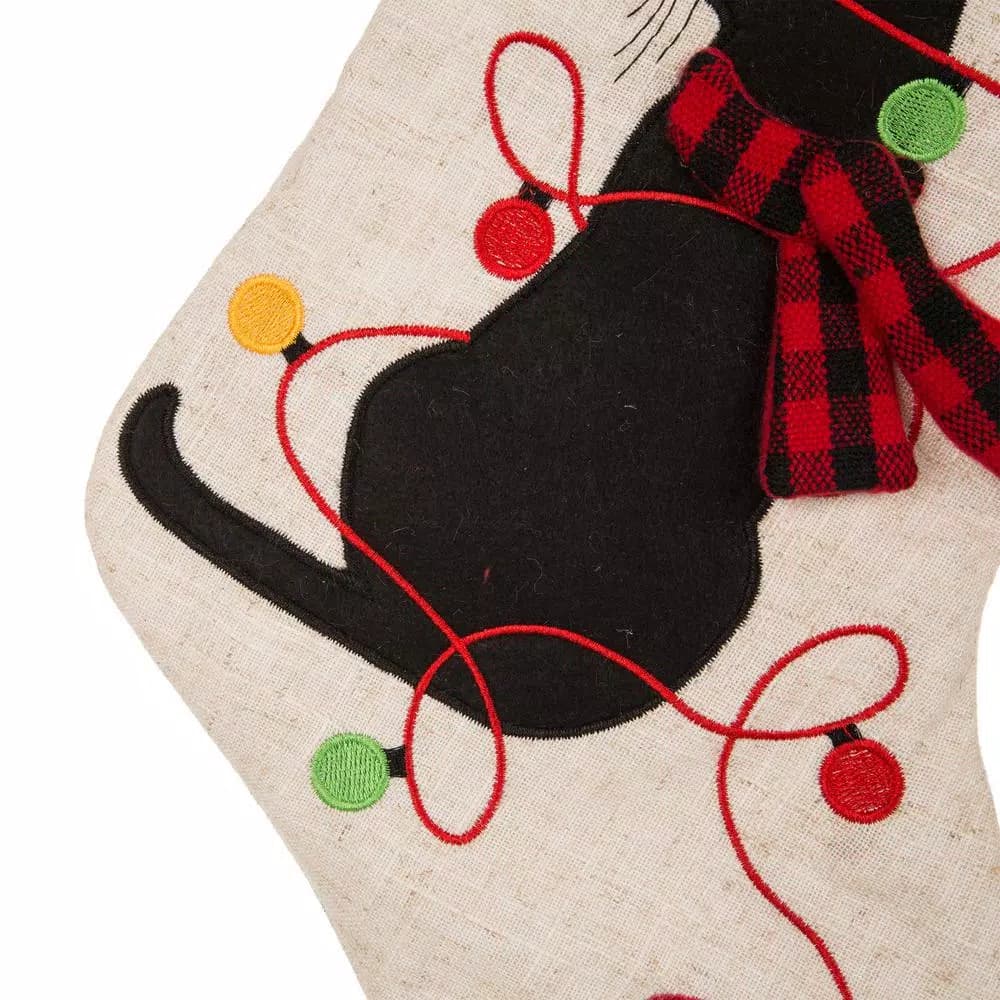 Glitzhome 21 in. LED Embroidered Cat Christmas Stockings, Cream Linen Style Polyester (2-Pack)