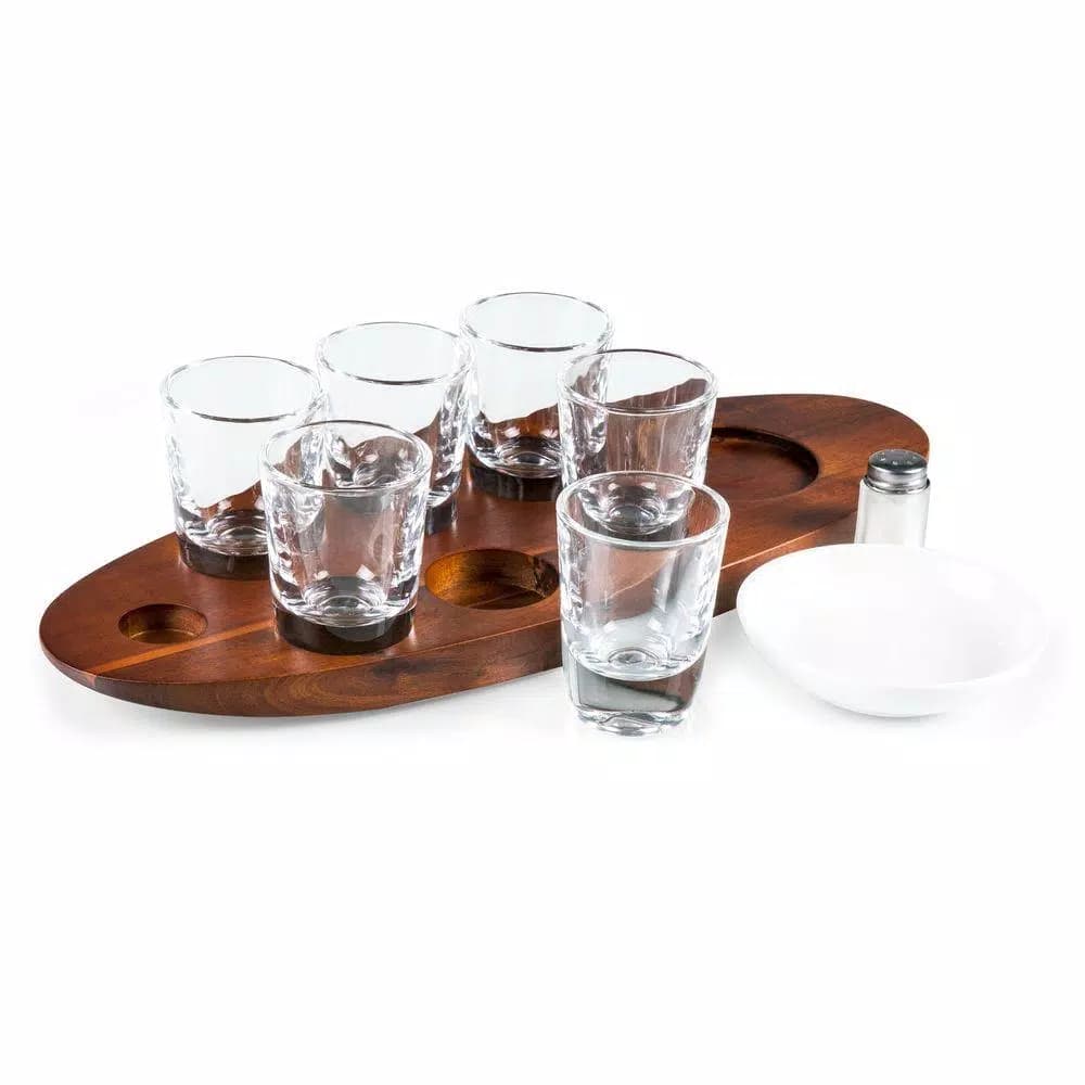 Picnic Time Cantinero Acacia Wood Shot Glass Serving Tray Set - 9 Piece