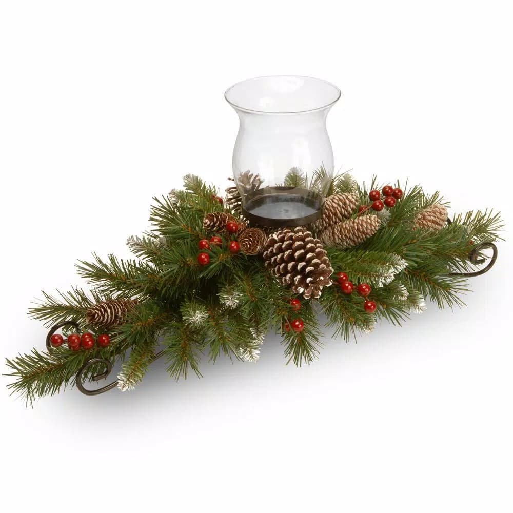 National Tree Company 30 in. Frosted Berry and Evergreen Centerpiece with Candle Holder and Glass Enclosure