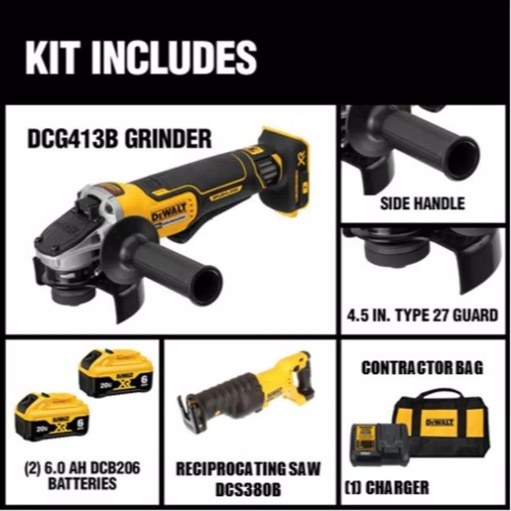 DEWALT 20V MAX XR Cordless Brushless 4-1/2 in. Small Angle Grinder Kit with (2) 6.0Ah Batteries & Reciprocating Saw