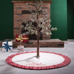 Glitzhome 48 in. White Fleece Christmas Tree Skirt with Jacquard Trim - Merry Christmas thumbnail 6