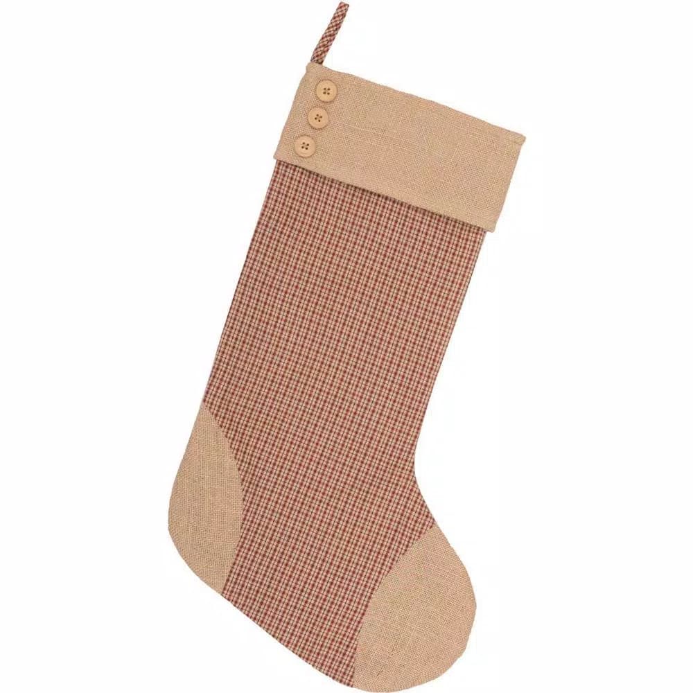 VHC Brands 20 in. Clement Red Black and Tan Plaid Christmas Stocking with Natural Jute Burlap