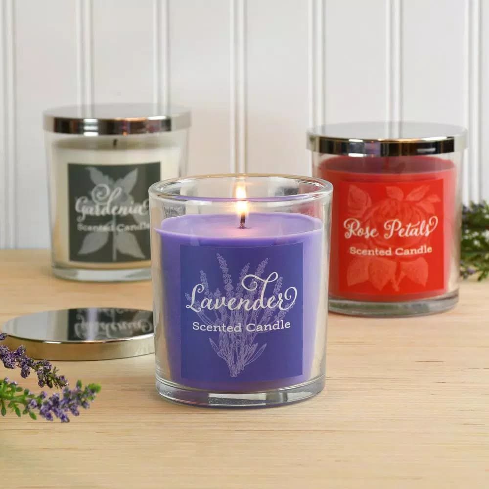 LUMABASE Floral Collection Scented Candles Set of 3 - Gardenia, Rose Petals, and Lavender - 10 oz Glass Jars