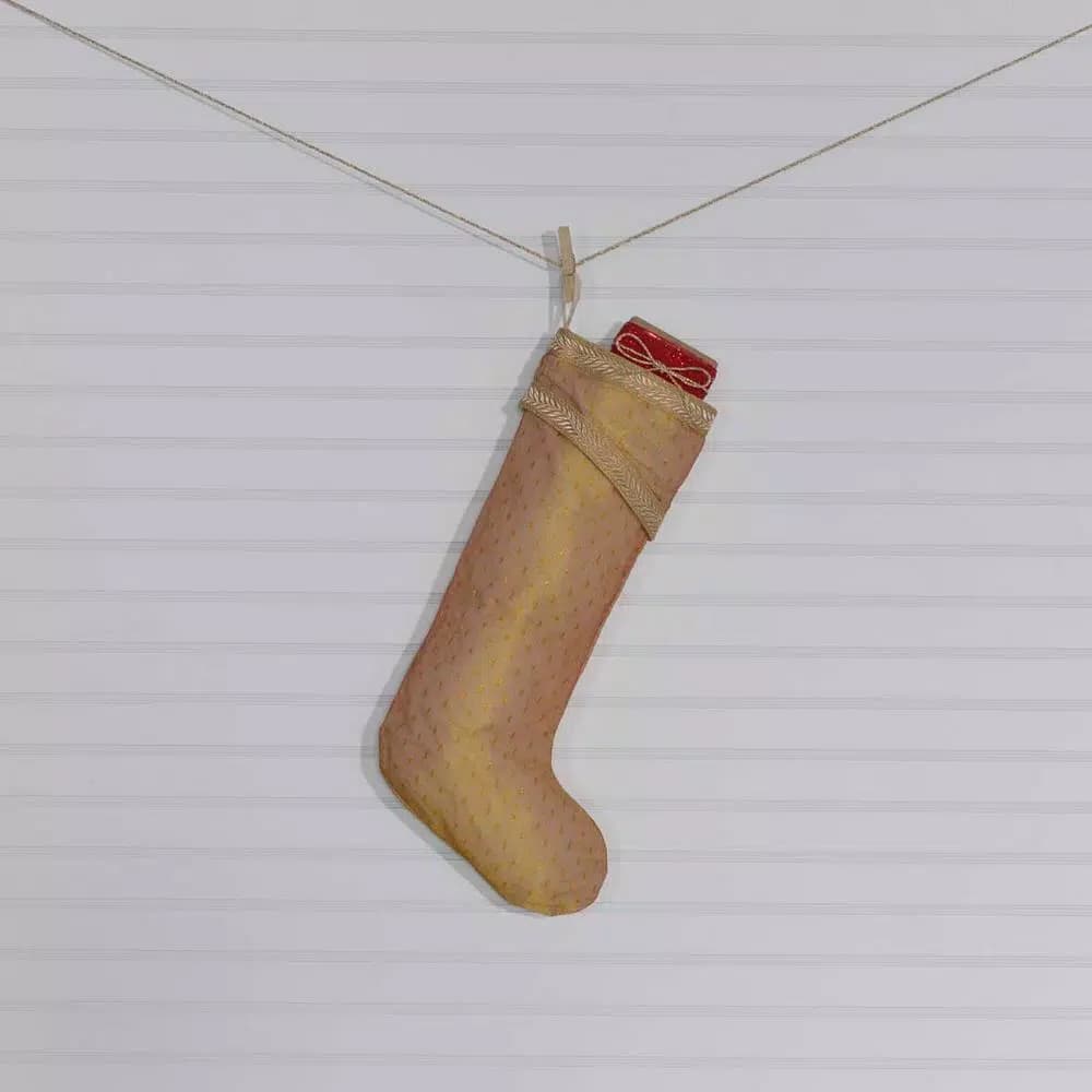 VHC Brands 20 in. Gold and Antique White Tinsel Christmas Stocking - Cotton/Nylon Glam Decor