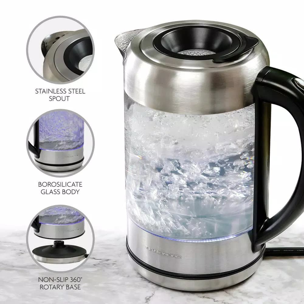 Ovente KG612S 1.7L Glass Electric Kettle, 1500W Silver Stainless Steel with Blue LED Light