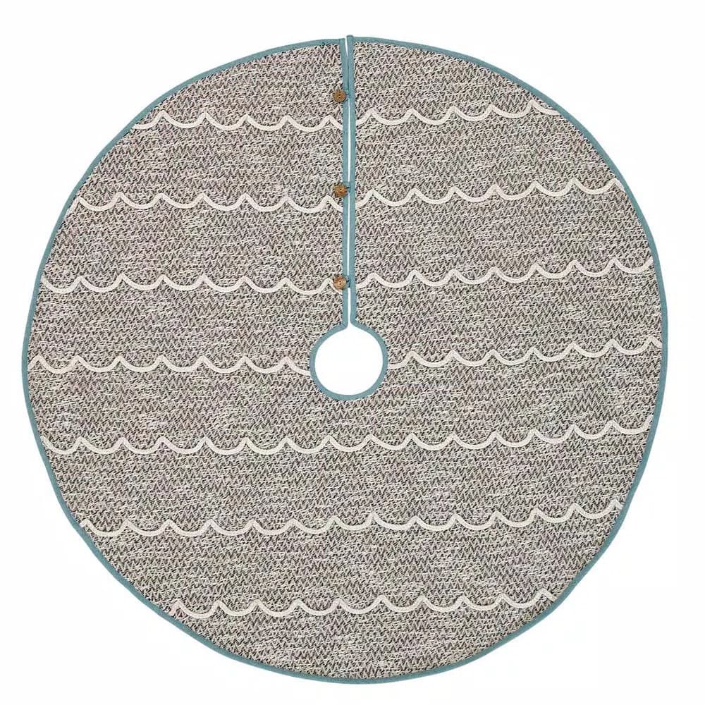 VHC Brands Sanbourne 48 in. Creme White Coastal Christmas Tree Skirt with Turquoise Chambray Trim