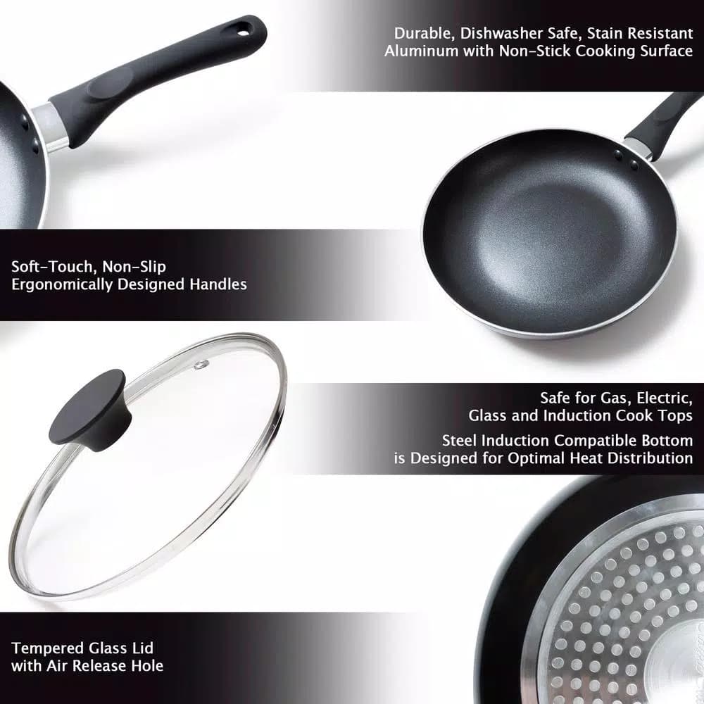 Classic Cuisine Allumi-Shield 15-Piece Nonstick Aluminum Cookware Set with Lids, Black