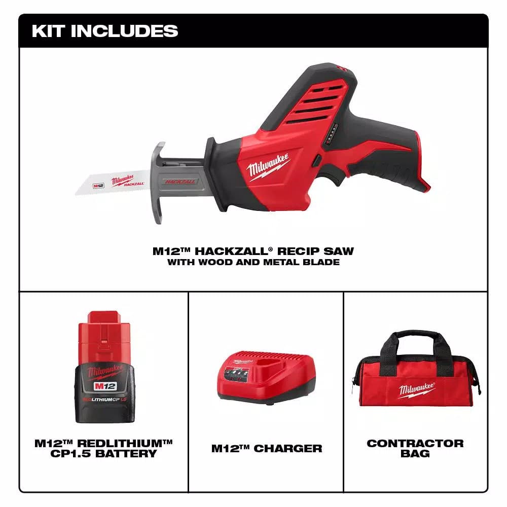Milwaukee M12 12V Lithium-Ion HACKZALL Cordless Reciprocating Saw Kit with 1.5Ah Battery, Charger & Bag