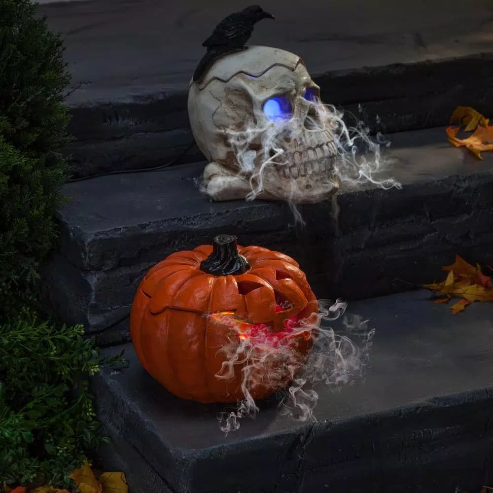 Gerson Electric Smoking Jack-O-Lantern and Skull Set with Color Changing LED Effect (Set of 2)
