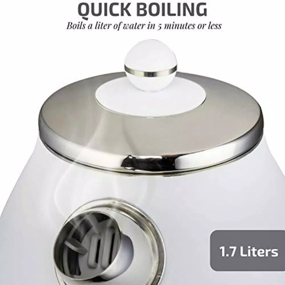 Ovente KS777 1.7L Electric Kettle, 1500W Stainless Steel Water Boiler with Auto Shut-Off and Removable Filter, White
