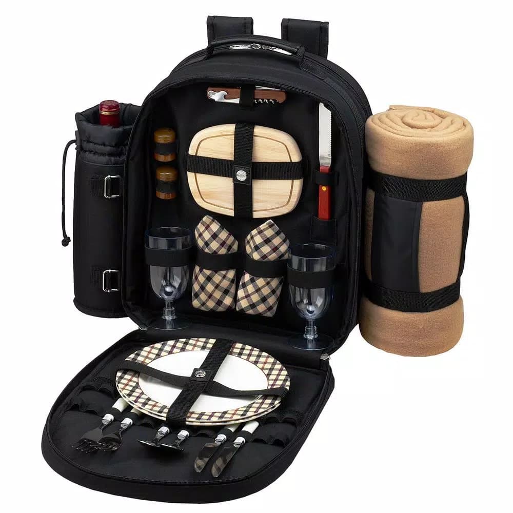 Unbranded Deluxe 2-Person Picnic Backpack with Blanket and 20-Piece Accessory Set - Black/London Plaid