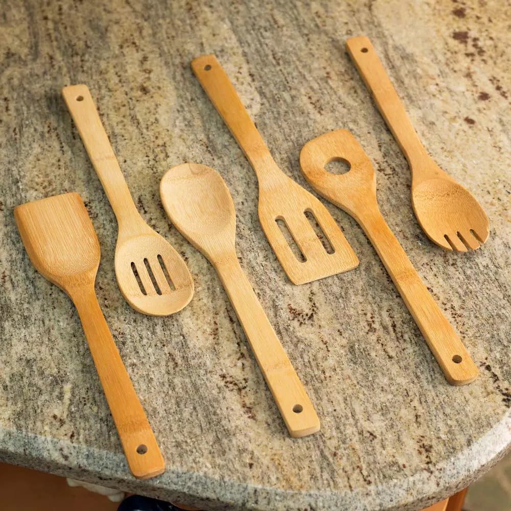 Home Basics Bamboo Kitchen Utensil Set (6-Piece) - Natural Honey Finish