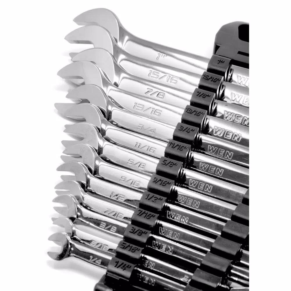 WEN 13-Piece SAE Combination Wrench Set with Storage Rack, Chrome Vanadium Steel