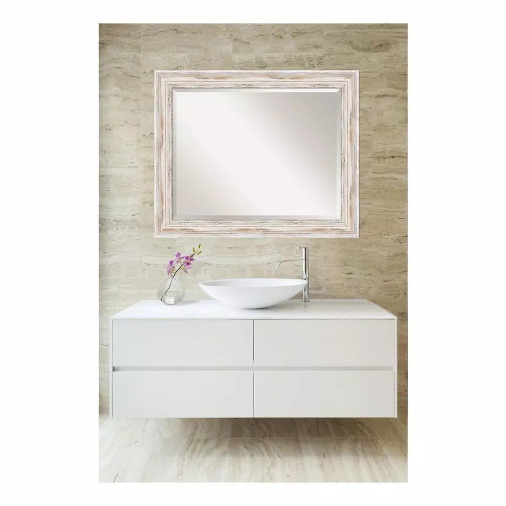 Amanti Art Alexandria 33 in. W x 27 in. H Distressed Whitewash Wood Framed Beveled Edge Bathroom Mirror
