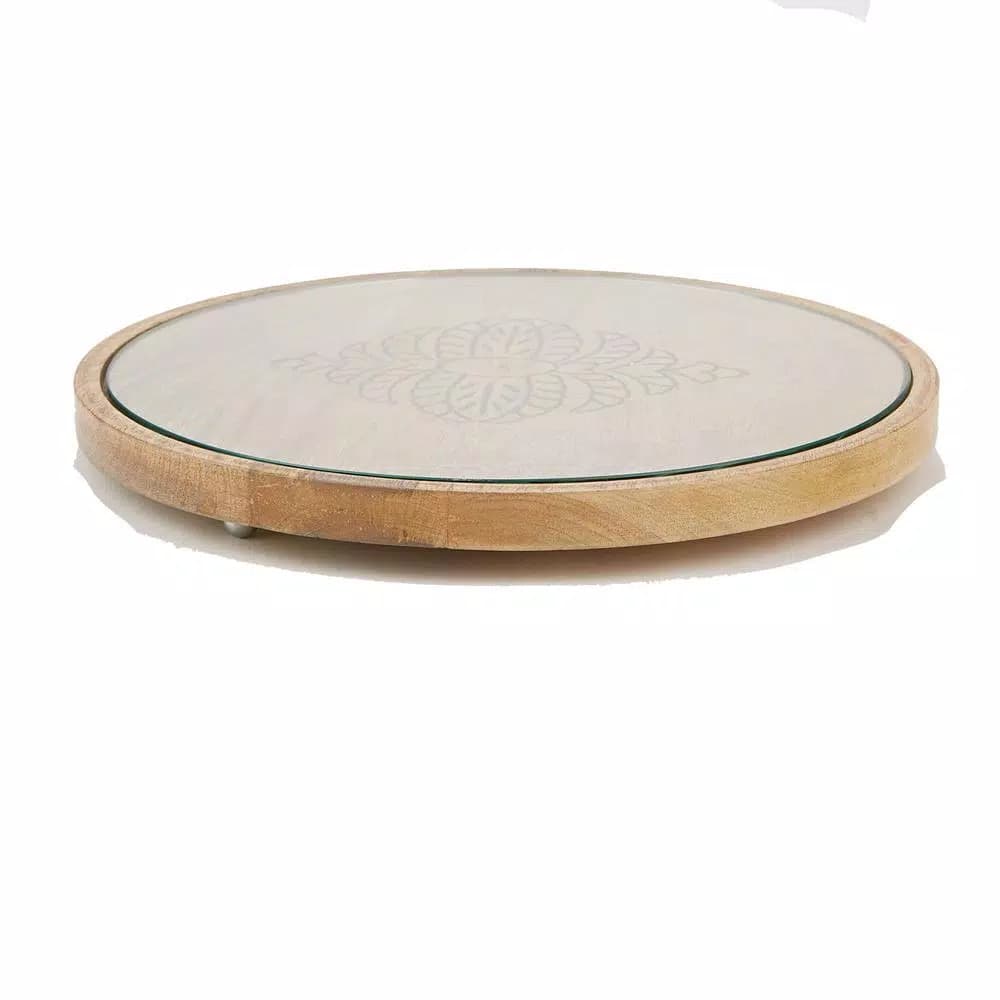 Mind Reader Round Bamboo Cheese Platter with Glass Top - Decorative Wooden Serving Tray
