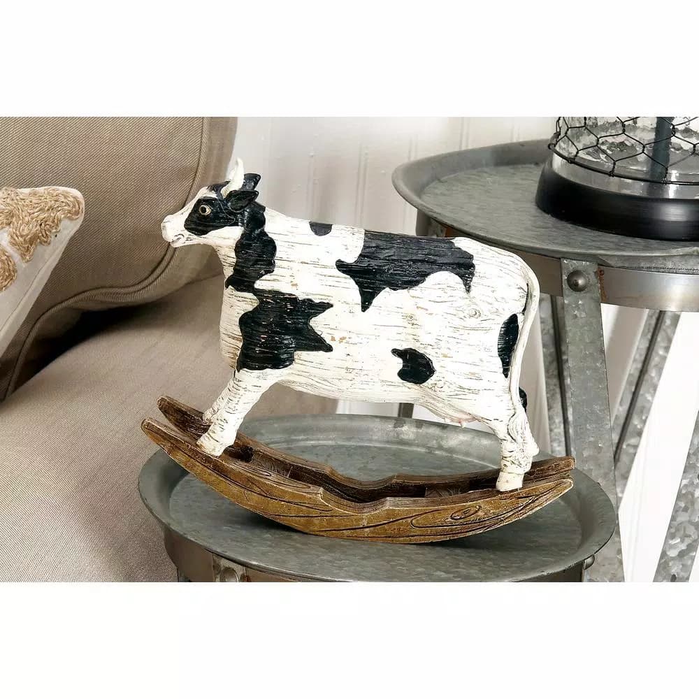 LITTON LANE Rectangular Polystone Cow Sculpture on Curved Wood Rocker - Farmhouse Decor