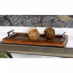 LITTON LANE 22-Inch Mango Wood Rectangular Tray with Stainless Steel Handles - Cherrywood Finish thumbnail 1