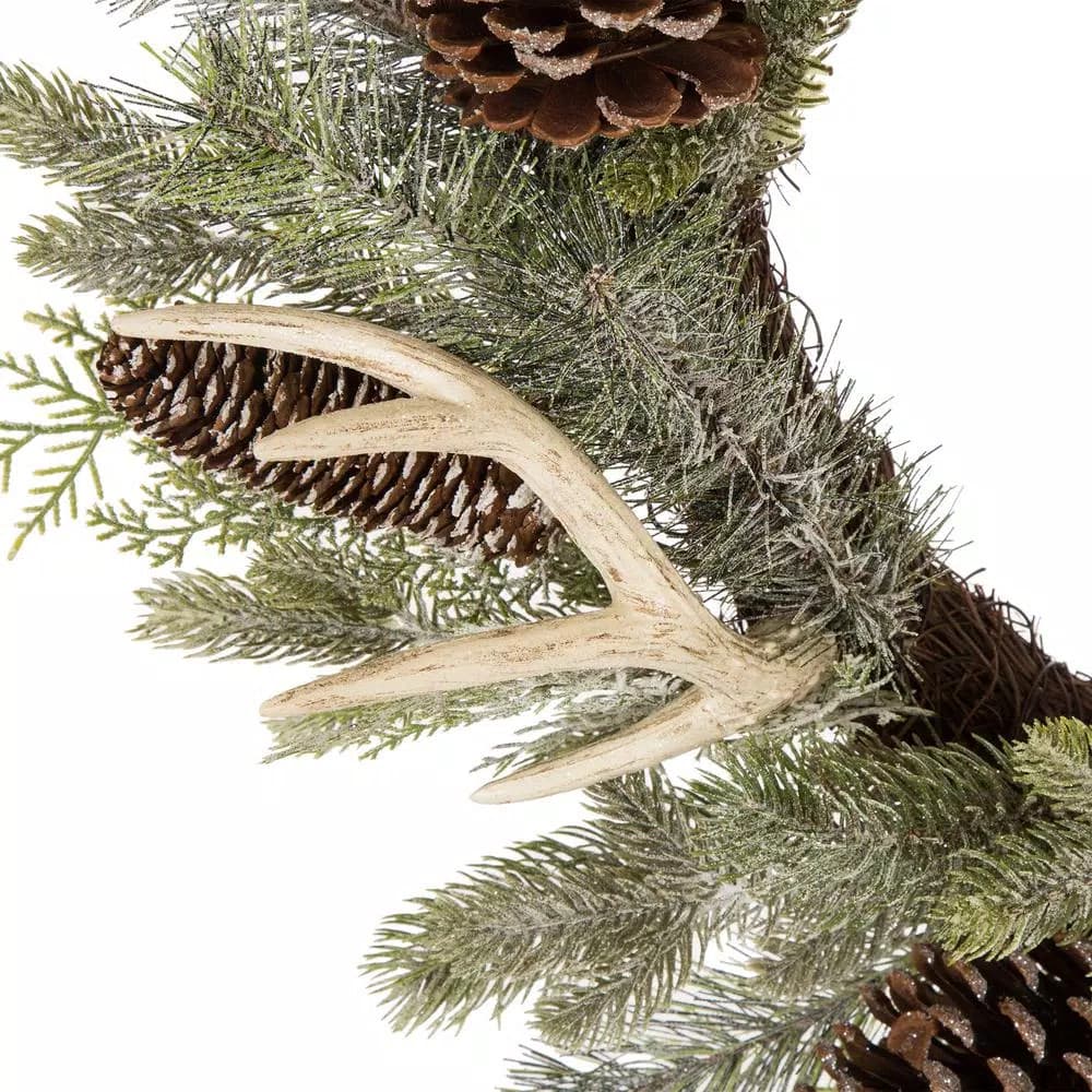 Glitzhome 24 in. Flocked Pinecone and Antler Artificial Christmas Wreath
