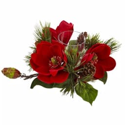 Nearly Natural 7 in. Red Magnolia and Pine Candelabrum with Glass Candleholder thumbnail 2