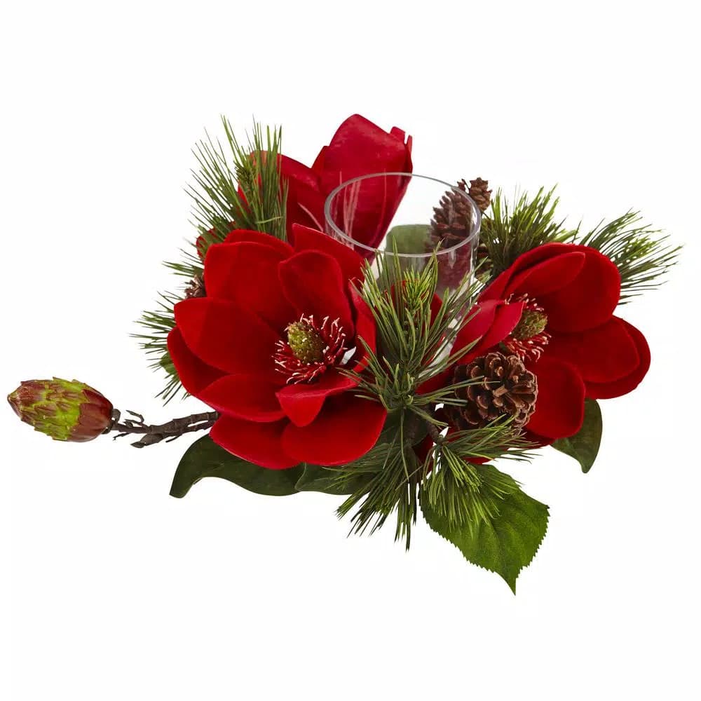 Nearly Natural 7 in. Red Magnolia and Pine Candelabrum with Glass Candleholder