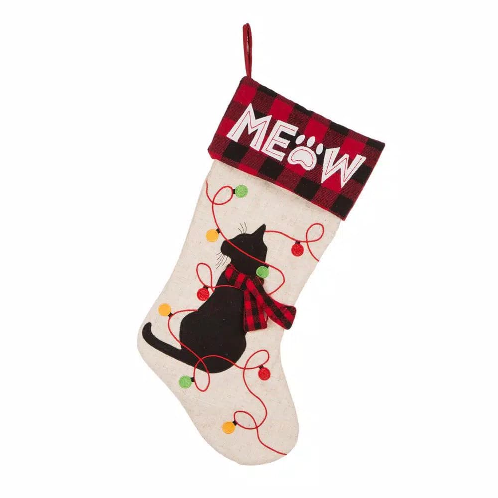 Glitzhome 21 in. LED Embroidered Linen Christmas Stocking - Cat Design