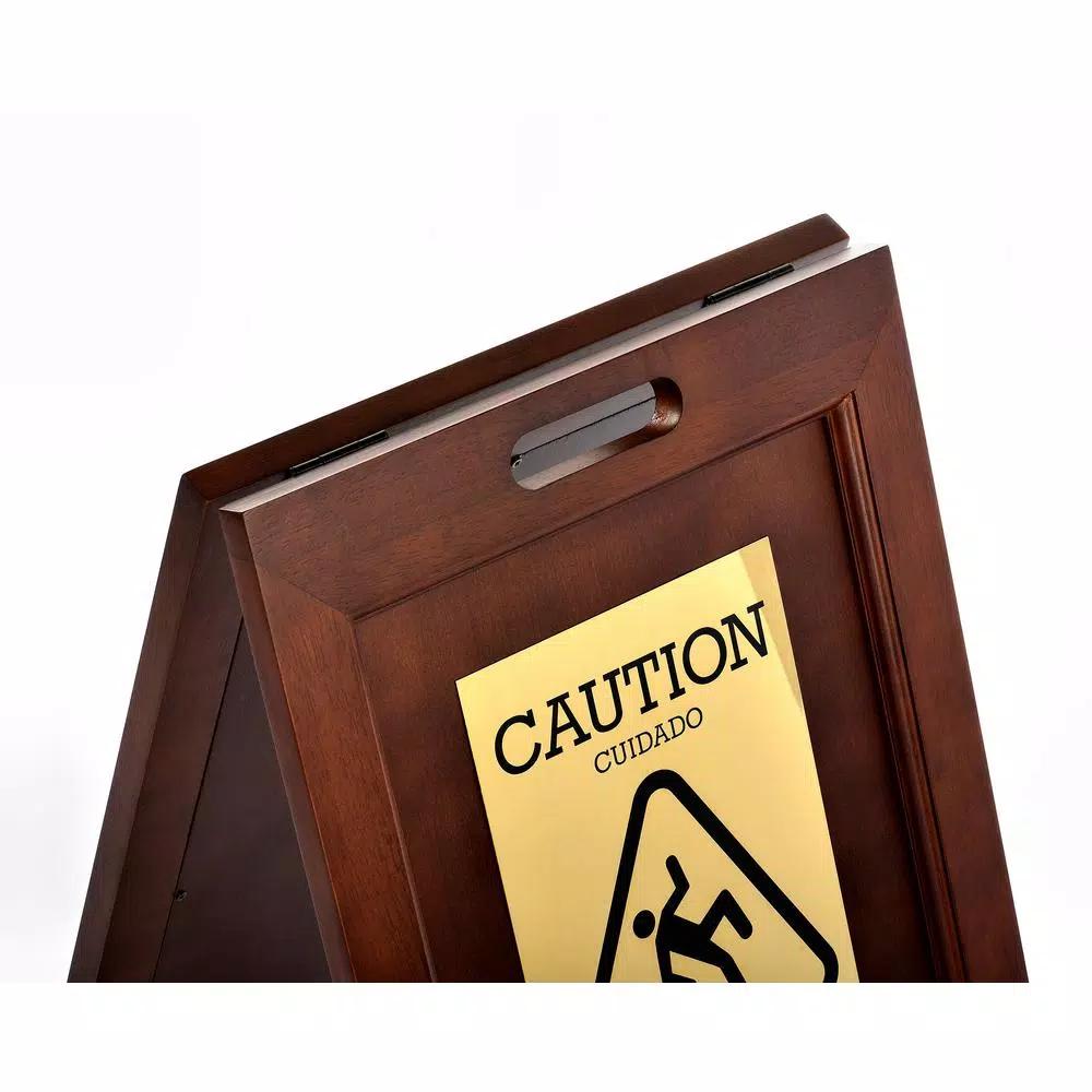 Alpine Industries 24 in. 2-Sided Brass Plated Wooden Bilingual Wet Floor Sign