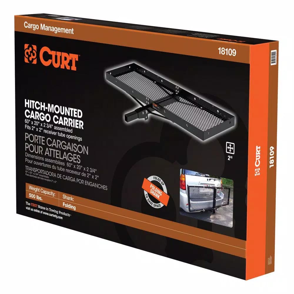 CURT 60" x 20" Black Steel Tray Cargo Carrier with 2" Folding Shank, 500 lbs. Capacity