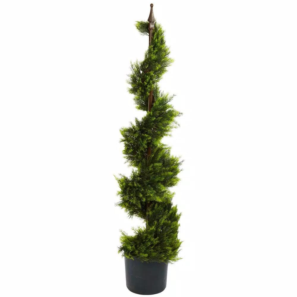 Nearly Natural 4 ft. Green Cypress Spiral Silk Tree in Black Pot