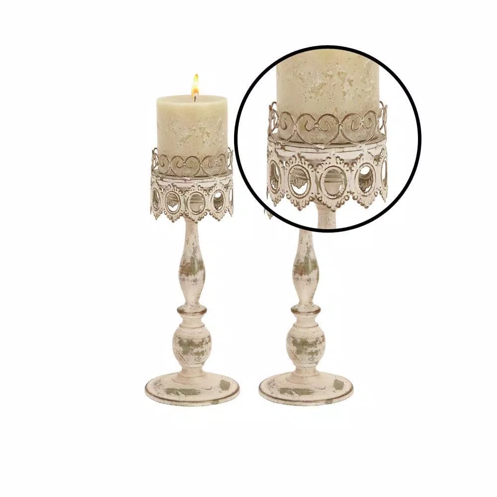 LITTON LANE 14 in. Distressed Ivory Iron Pillar Candle Holders with Filigree Design (Set of 2)