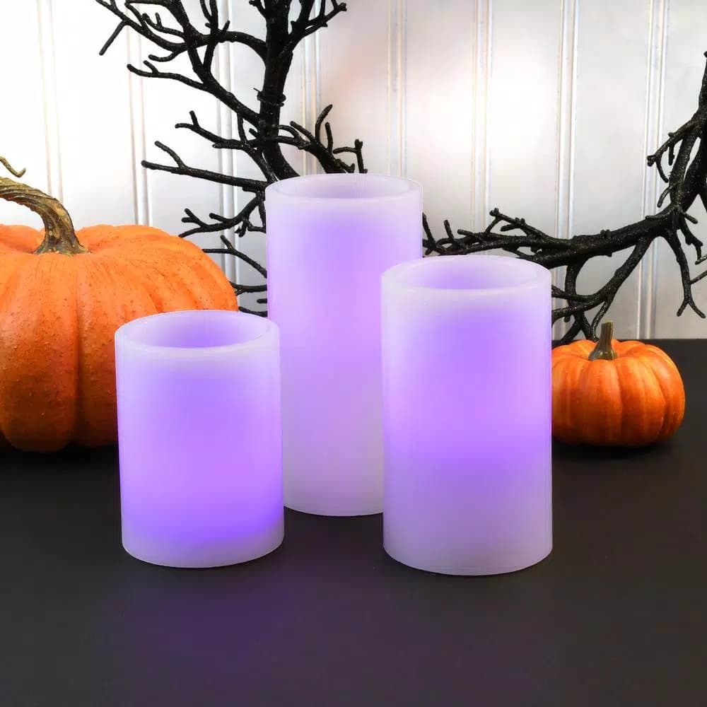 LUMABASE 3-Piece Round Flameless LED Wax Candle Set with Remote Control, Color Changing Pillar Candles