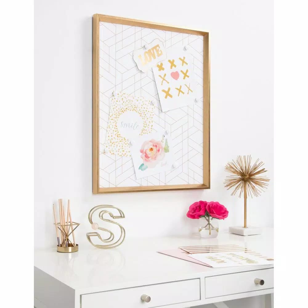 Kate and Laurel Calter Gold Geo Magnetic Memo Board - Gold and White Geometric Patterned Wall Organizer