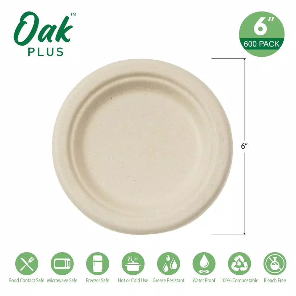 Unbranded 6 in. Natural Sugarcane Plates, Biodegradable & Compostable, 600 Pack