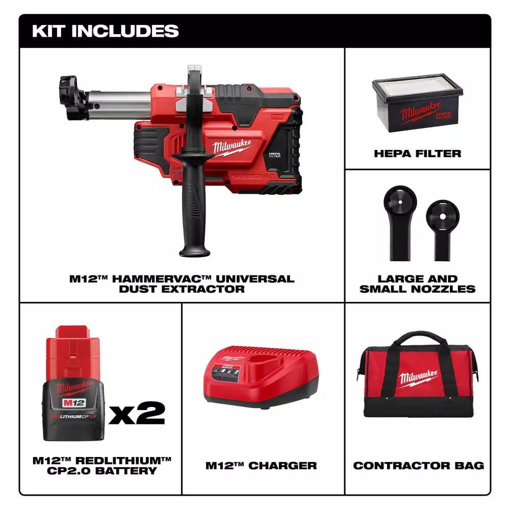 Milwaukee M12 12V Cordless Universal HammerVac Dust Extractor Kit with (2) 1.5Ah Batteries, Charger & Case