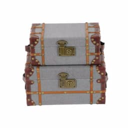 LITTON LANE Globetrotter Wood and Gray Burlap Fabric Decorative Storage Boxes with Leather Accents, Set of 2 thumbnail 2